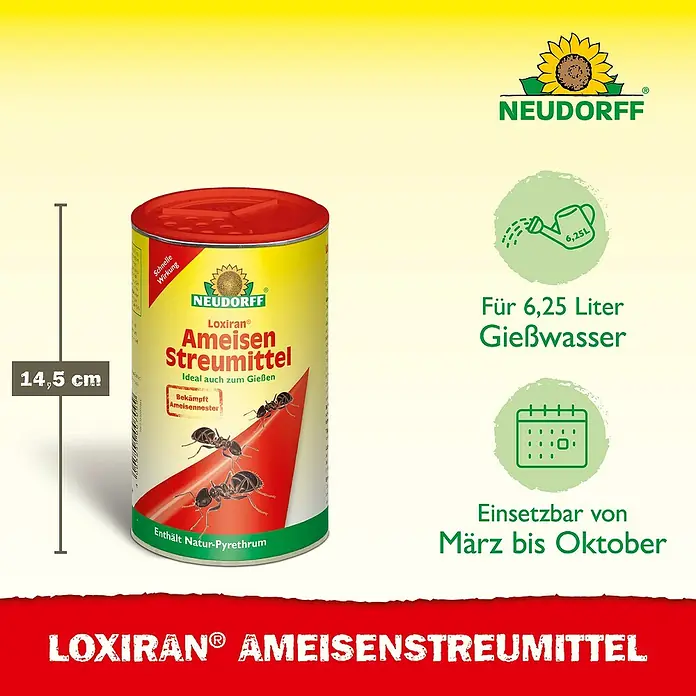 Neudorff Loxiran Ameisen-Mittel S - 250 g - Produktbild von Neudorff Loxiran Ameisenstreumittel, einem Mittel zur Ameisenbekämpfung mit einer Höhe von 14,5 cm.
