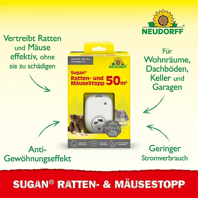 Neudorff Sugan Ratten- & Mäusebekämpfung - Max. Anwendungsfläche: 50 m² - Produktbild des Sugan® Ratten- & Mäusestopp, das Ratten und Mäuse effektiv vertreibt, ohne sie zu schädigen, für Wohnräume und Garagen.