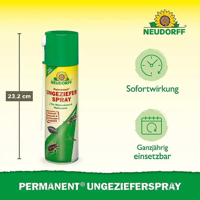Neudorff Permanent Ungezieferspray - 500 ml - Darstellung einer Sprühdose Neudorff Permanent Ungezieferspray mit Angaben zu Größe, Sofortwirkung und ganzjähriger Einsetzbarkeit.