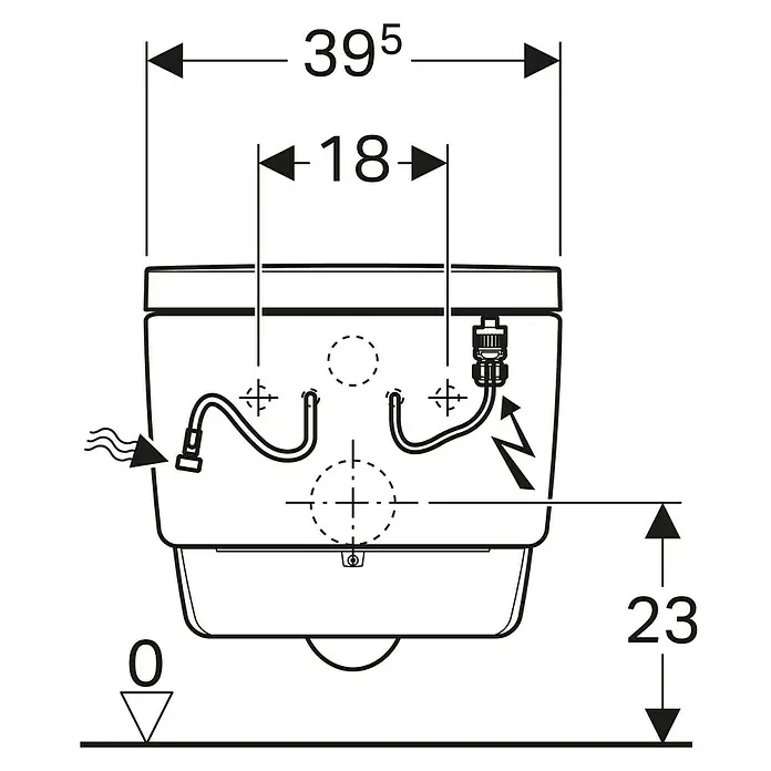 Geberit Wand-Dusch-WC-Set AquaClean Mera Comfort - Spülrandlos, Mit schmutzabweisender Glasur, Spülform: Tief, WC Abgang: Waagerecht, Weiß - Technische Zeichnung einer Toilette mit Maßangaben. Die Gesamtbreite beträgt 395 mm und die Höhe 23 mm.