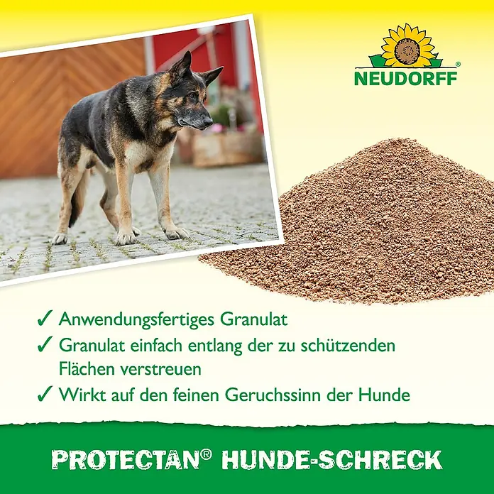 Neudorff Protectan Hunde-Schreck - Reichweite ca.: 13 m - Produktbild von PROTECTAN® Hunde-Schreck, einem Granulat zur Hundeabwehr. Das Bild zeigt auch einen Deutschen Schäferhund.