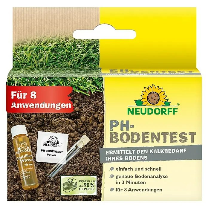 Neudorff pH-Bodentest - 8 Stk. - Abbildung einer Neudorff pH-Bodentestpackung mit Flasche, Pulver, Teströhrchen und Hinweis auf 8 Anwendungen.
