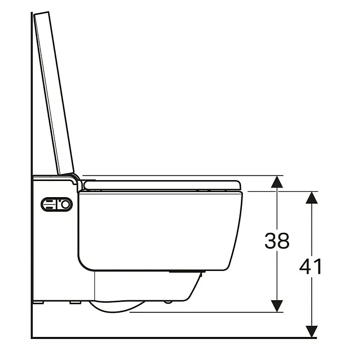 Geberit Wand-Dusch-WC-Set AquaClean Mera Classic - Spülrandlos, Mit schmutzabweisender Glasur, Spülform: Tief, WC Abgang: Waagerecht, Weiß - Seitenansicht einer Toilette mit Höhenangaben.