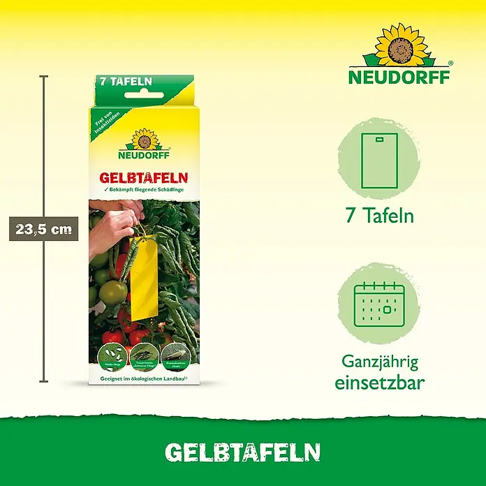 Neudorff Gelbtafeln - 7 Stk. - Neudorff Gelbtafeln: Leimfalle zur Schädlingsbekämpfung, insektizidfrei, für den ökologischen Landbau geeignet, ganzjährig einsetzbar und 23,5 cm hoch.