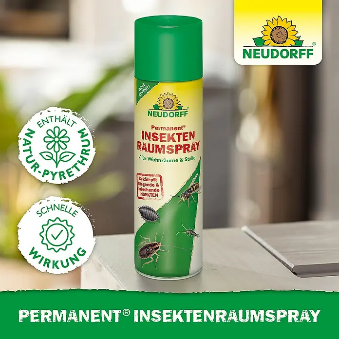 Neudorff Permanent Insekten-Raumspray - 500 ml - Das Bild zeigt eine Dose Permanent® Insektenspray von Neudorff, die zur Bekämpfung von Insekten in Wohnräumen und Ställen dient.