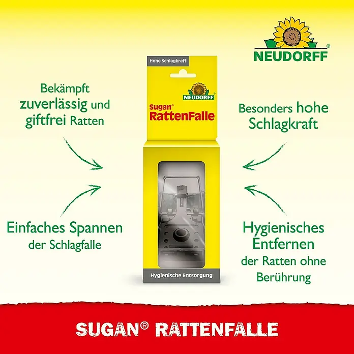 Neudorff Sugan Rattenfalle - Schlagfalle, Kunststoff - Ein Sugan® Rattenfalle von Neudorff in Verpackung, eine robuste Schlagfalle für zuverlässige und giftfreie Rattenbekämpfung.