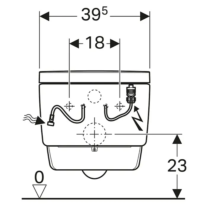 Geberit Wand-Dusch-WC-Set AquaClean Mera Classic - Spülrandlos, Mit schmutzabweisender Glasur, Spülform: Tief, WC Abgang: Waagerecht, Weiß - Technische Zeichnung einer Toilette mit Bemaßungen für Installation und Montage. Ideal für Sanitärprofis.