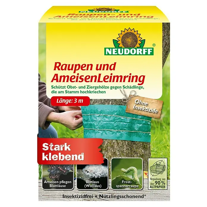 Neudorff Raupen- & Ameisenleimring - 3 m - Produktbild einer Neudorff Raupen- und Ameisenleimring-Verpackung, die Obst- und Ziergehölze vor Schädlingen schützt.