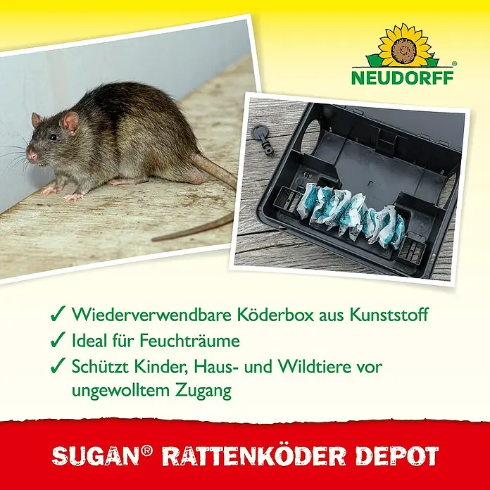 Neudorff Sugan Rattenköder-Depot - 1 Stk. - SUGAN® Rattenköder Depot: Wiederverwendbare Köderbox aus Kunststoff von Neudorff, ideal für feuchte Umgebungen. Schützt Kinder und Tiere vor ungewolltem Zugang.
