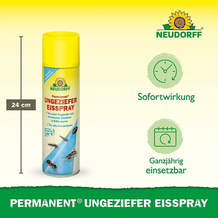 Neudorff Permanent Ungezieferspray EisSpray - 500 ml - Bild eines Neudorff Permanent Ungeziefer Eissprays, 24 cm hoch, zur Insektenbekämpfung in Innenräumen. Sofortwirkung, ganzjährig einsetzbar.