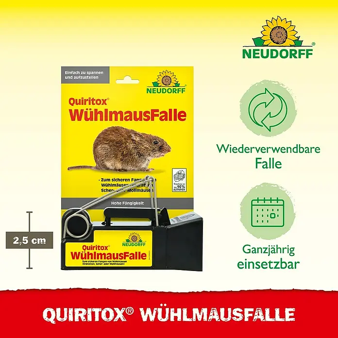 Neudorff Quiritox Wühlmausfalle - Spezialfalle, Kunststoff - Das Bild zeigt die Quiritox® Wühlmausfalle von Neudorff, eine wiederverwendbare Falle für den ganzjährigen Einsatz zur Bekämpfung von Wühlmäusen.