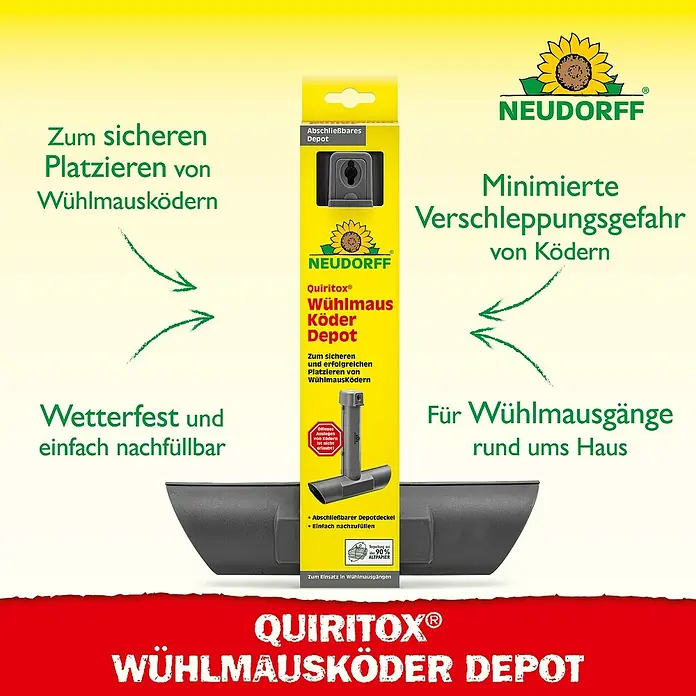 Neudorff Quiritox Wühlmausköder Depot - 67 x 248 x 275 mm - Produktabbildung des Quiritox Wühlmausköder Depots. Sichere Platzierung von Wühlmausködern, wetterfest und einfach nachfüllbar.