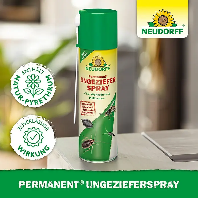 Neudorff Permanent Ungezieferspray - 500 ml - Bild eines Neudorff Permanent Ungeziefer Sprays, ein Insektenspray zur Bekämpfung von Ungeziefer in Wohnräumen und Mülltonnen.
