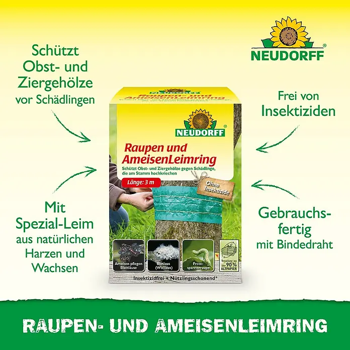 Neudorff Raupen- & Ameisenleimring - 3 m - Produktbild eines Neudorff Raupen- und AmeisenLeimring, der Obst- und Ziergehölze vor Schädlingen schützt, mit natürlichem Leim und ohne Insektizide.