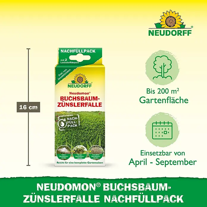 Neudorff Neudomon Buchsbaumzünsler-Falle Nachfüllpack - 2 Stk. - Bild einer Neudorff Neudomon® Buchsbaumzünslerfalle Nachfüllpackung, 16 cm hoch, für bis zu 200 m² Gartenfläche, einsetzbar von April bis September.