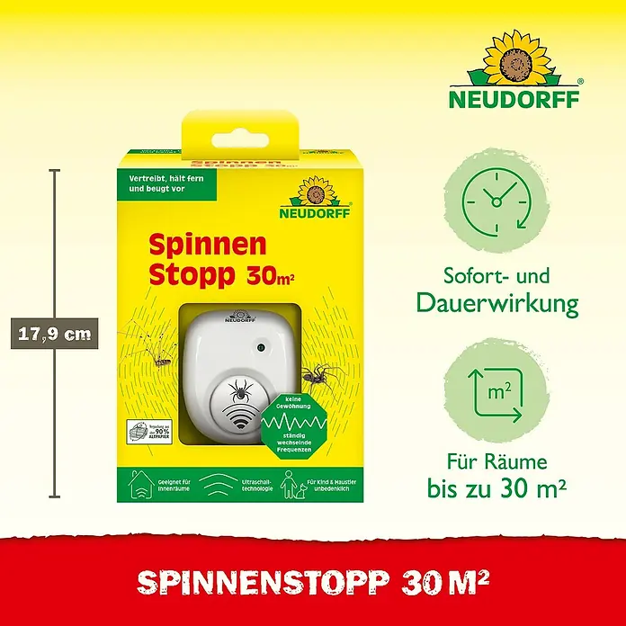 Neudorff Schädlings-Stopp - Wohnraum, Geeignet für: Spinnen - Produktbild: Neudorff Spinnen Stopp 30m², ein Gerät zur Spinnenabwehr für Innenräume bis 30m², mit Sofort- und Dauerwirkung.