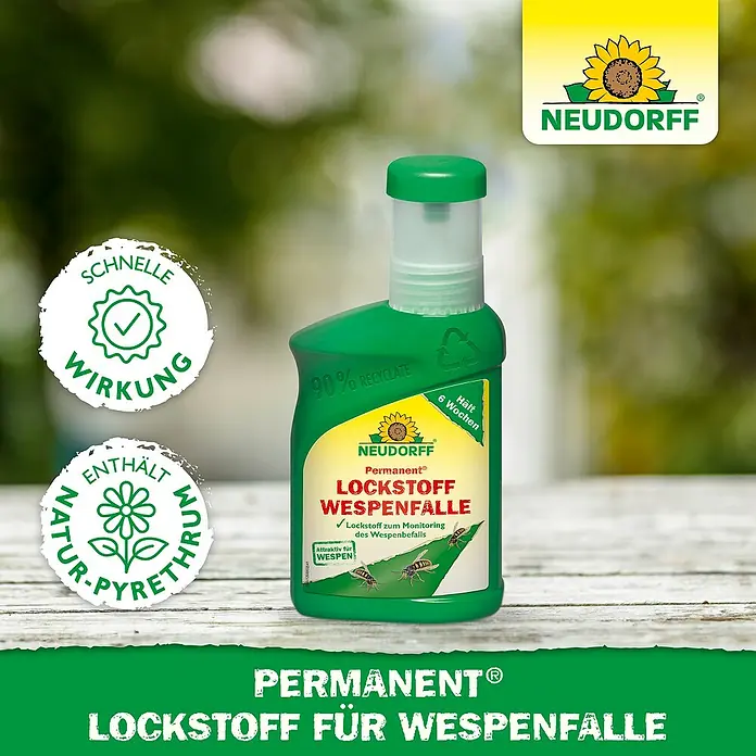 Neudorff Permanent Wespenfallen-Lockstoff - 250 ml - Bild einer Flasche Neudorff Permanent Lockstoff Wespenfalle, einem Lockmittel zur Überwachung von Wespenbefall, mit Hinweisen zu schneller Wirkung und Recycling.
