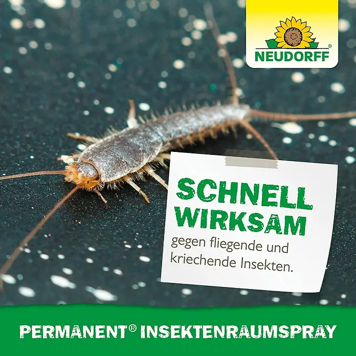 Neudorff Permanent Insekten-Raumspray - 500 ml - Silberfischchen neben einem Zettel mit der Aufschrift "Schnell wirksam gegen fliegende und kriechende Insekten" und Neudorff Permanent Insektenspray Schriftzug.