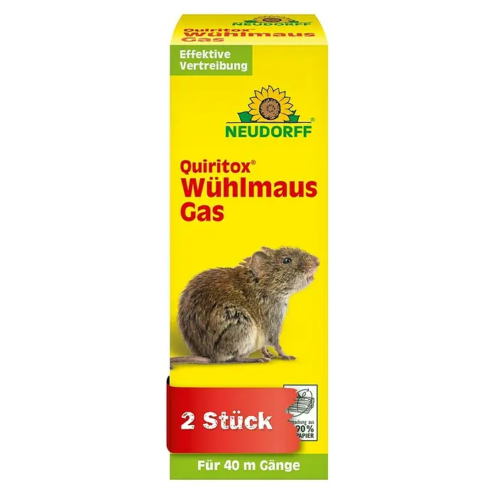 Neudorff Quiritox Wühlmausgas - 2 Stk. - Das Produkt ist Quiritox Wühlmaus Gas von Neudorff, ein effektives Mittel zur Vertreibung von Wühlmäusen, erhältlich in einer Packung mit 2 Stück.