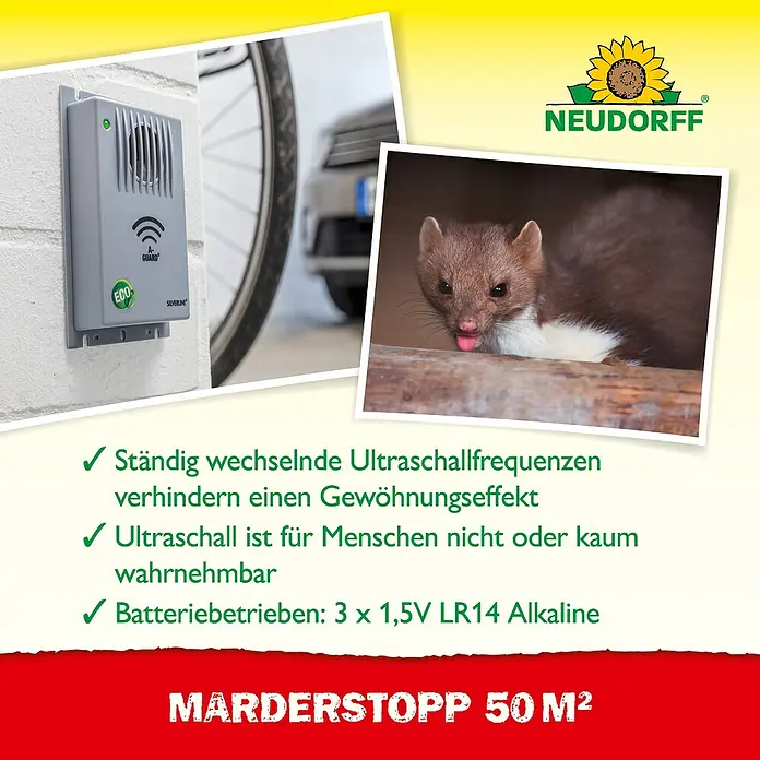 Neudorff Schädlings-Stopp - Wohnraum, Geeignet für: Marder - Produktbild von "Neudorff MarderStopp 50 M2". Das Ultraschallgerät vertreibt Marder mit wechselnden Frequenzen.