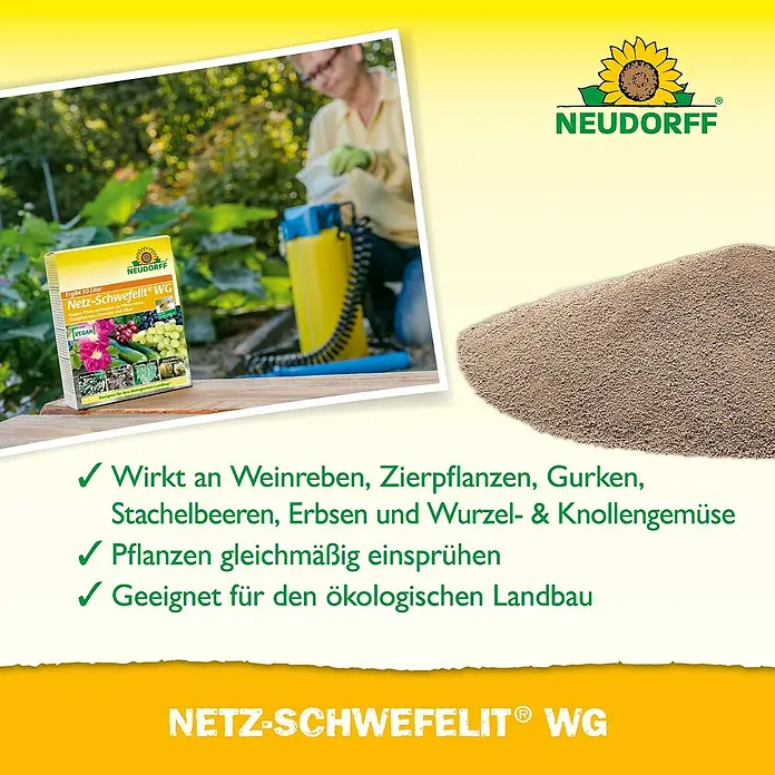 Neudorff Netz-Schwefelit WG - 75 g - Netz-Schwefelit® WG von Neudorff: Ein veganes Produkt zur Bekämpfung von Pilzkrankheiten an Weinreben, Zierpflanzen und Gemüse im ökologischen Landbau.