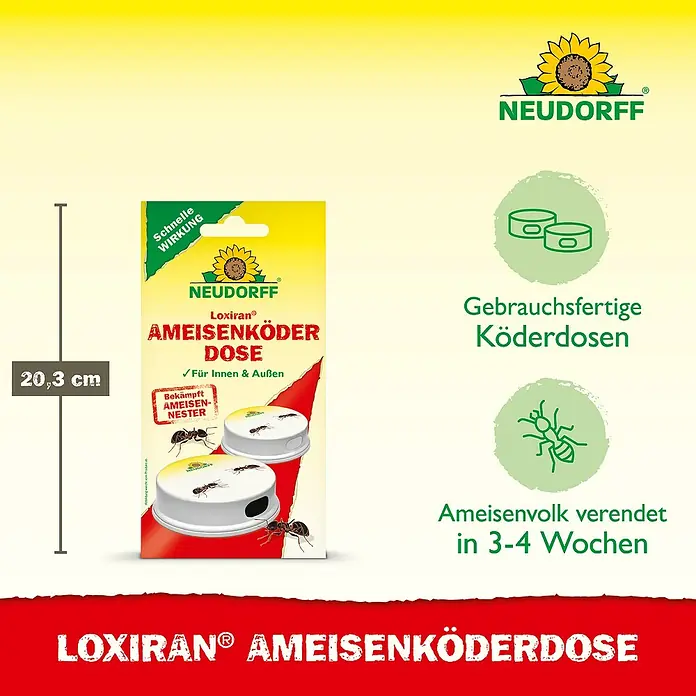 Neudorff Loxiran Ameisenköder - 2 Stk. - Bild einer Packung Neudorff Loxiran Ameisenköderdose zur Ameisenbekämpfung im Haus und Garten mit einer Höhe von 20,3cm.
