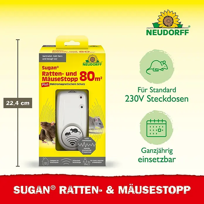 Neudorff Sugan Ratten- & Mäusebekämpfung - Max. Anwendungsfläche: 80 m² - Bild des Sugan® Ratten- & Mäusestopp von Neudorff, einem Gerät zur Schädlingsbekämpfung mit Ultraschall-Technologie für Innenräume.