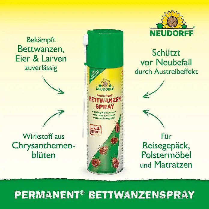 Neudorff Permanent Bettwanzenspray Bettwanzen Spray - Wirkstoff: Spinosad - Grüne und gelbe Neudorff Permanent Bettwanzen-Spraydose. Bekämpft Bettwanzen, Eier, Larven, schützt vor Neubefall, geeignet für Reisegepäck, Möbel, Matratzen.