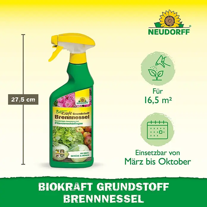 Neudorff BioKraft Grundstoff Brennnessel AF - 500 ml - Neudorff Biokraft Brennnessel Pflanzenschutz in 27,5 cm grüner Sprühflasche mit gelbem Deckel, für 16,5 m², März-Oktober nutzbar.
