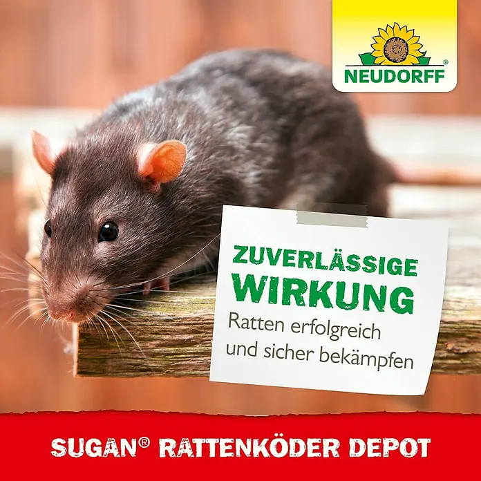 Neudorff Sugan Rattenköder-Depot - 1 Stk. - Das Bild zeigt den Sugan Rattenköder Depot von Neudorff, der eine zuverlässige Wirkung gegen Ratten verspricht und diese erfolgreich bekämpft.