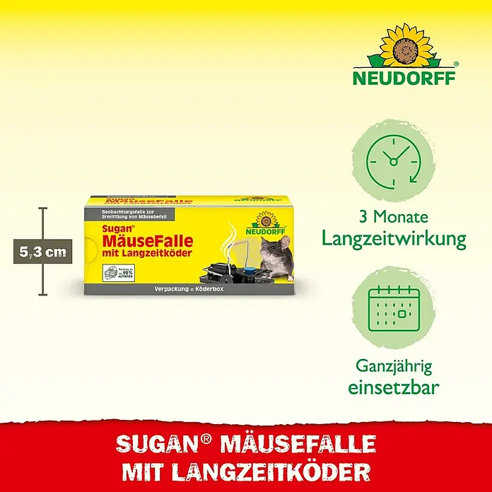 Neudorff Sugan Mausefalle mit Langzeitköder - Schlagfalle, Kunststoff - Neudorff Sugan® Mäusefalle mit Langzeitköder, gelbe Verpackung mit Mausmotiv, 5,3 cm hoch.