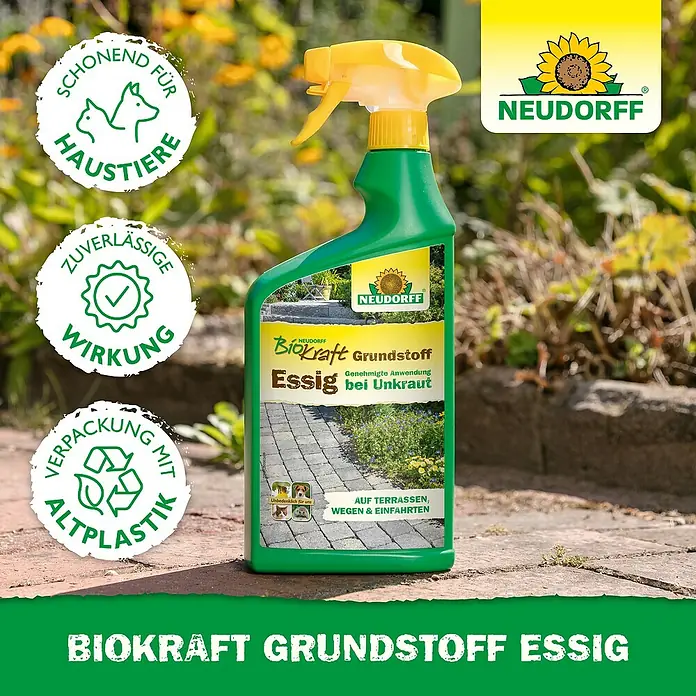 Neudorff BioKraft Grundstoff Essig AF - 1 l - Grüne Sprühflasche Neudorff BioKraft Grundstoff Essig (Unkrautvernichter auf Essigbasis) auf gepflastertem Untergrund im Freien.