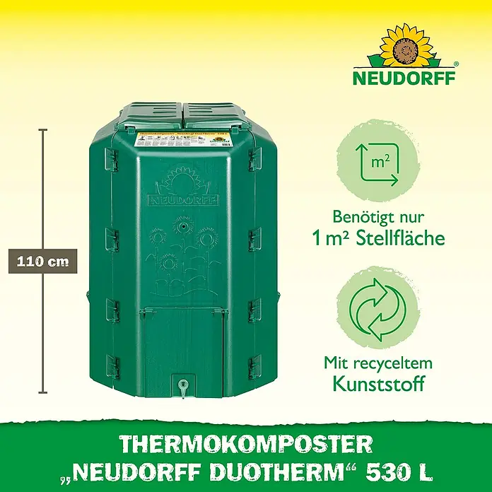 Neudorff Komposter DuoTherm 530 L - 530 l, 82 x 82 x 115 cm - Abbildung des Thermokomposters "Neudorff Duotherm" mit 530 Litern Fassungsvermögen. Der Komposter ist aus recyceltem Kunststoff gefertigt.
