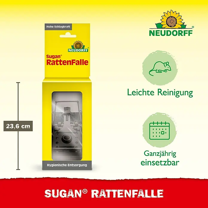 Neudorff Sugan Rattenfalle - Schlagfalle, Kunststoff - Gelbe Neudorff Sugan Rattenfalle in Verpackung, 23,6 cm, mit hoher Schlagkraft, einfacher Reinigung und ganzjähriger Verwendbarkeit.