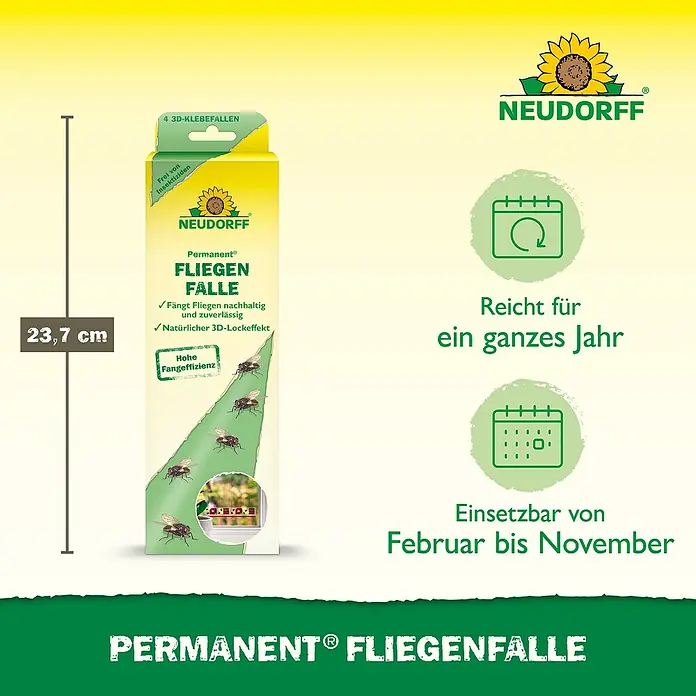 Neudorff Permanent Fliegenfalle - 4 Stk. - Grün-gelbe Packung Neudorff Permanent® Fliegenfalle, mit Abbildungen von Fliegen und Produktmerkmalen.