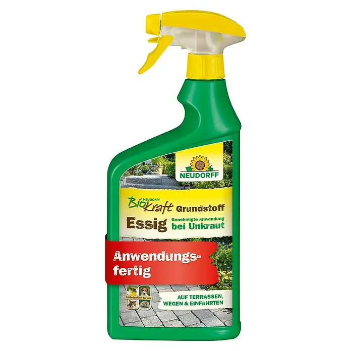 Neudorff BioKraft Grundstoff Essig AF - 1 l - Grüne Sprühflasche mit gelbem Sprühkopf für Neudorff BioKraft Essig-Unkrautvernichter, anwendungsfertig für Terrassen, Wege und Einfahrten.
