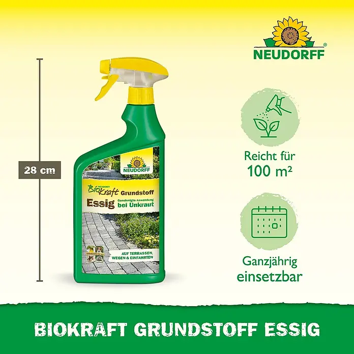 Neudorff BioKraft Grundstoff Essig AF - 1 l - Grüne Sprühflasche (28 cm) Neudorff BioKraft Grundstoff Essig gegen Unkraut.