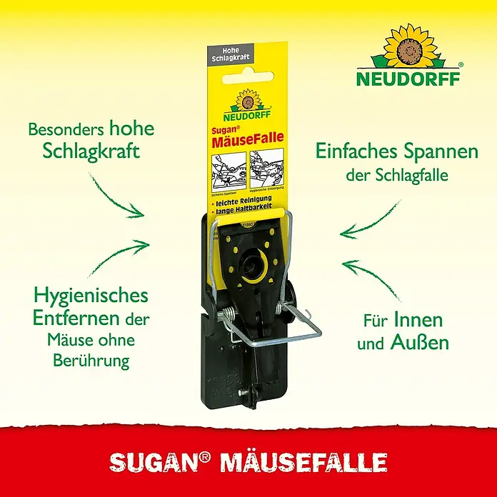 Neudorff Sugan Mausefalle - Schlagfalle, Kunststoff - Hier ist eine Sugan® Mäusefalle von Neudorff, bekannt für ihre hohe Schlagkraft, einfache Handhabung und hygienische Entsorgung der Mäuse.