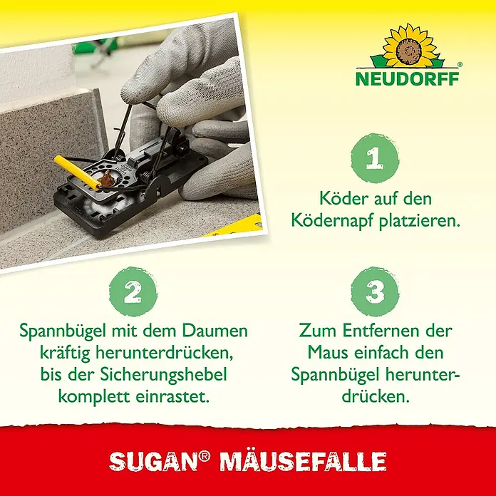 Neudorff Sugan Mausefalle - Schlagfalle, Kunststoff - Die Sugan Mäusefalle: Köder platzieren, Spannbügel drücken, bis er einrastet. Zum Entfernen der Maus Spannbügel herunterdrücken.