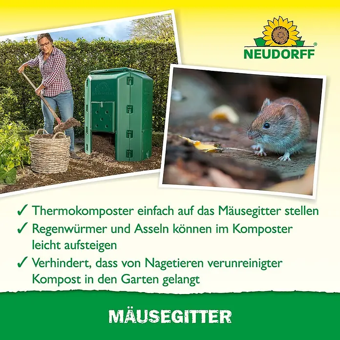 Neudorff Bodenplatte - Passend für: Thermokomposter DuoTherm 530 L - Produktwerbung für einen Thermokomposter von Neudorff mit Mäusegitter zum Schutz vor Nagetieren.