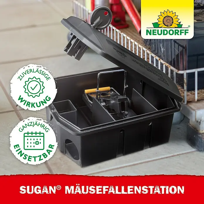 Neudorff Sugan Mausefalle FallenStation - Schlagfalle, Kunststoff - Schwarze Mausefallenstation mit offenem Deckel, zeigt eine Metall-Schnappfalle im Inneren. Ein Schlüssel ist am Deckel für sichere Bedienung angebracht.