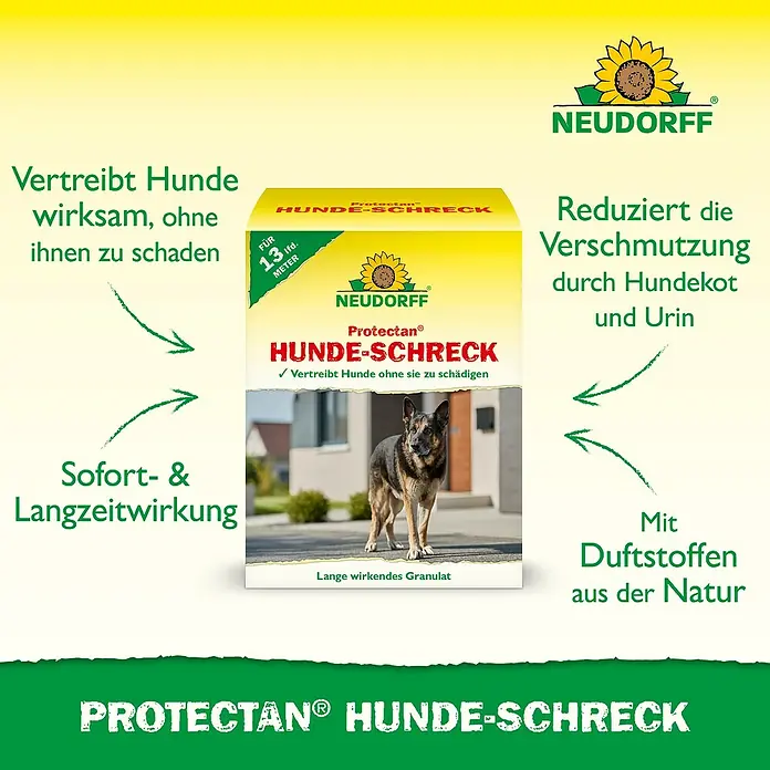 Neudorff Protectan Hunde-Schreck - Reichweite ca.: 13 m - Abbildung der "Protectan Hunde-Schreck"-Verpackung von Neudorff, einem Hundeabwehrmittel mit Duftstoffen, das Hunde wirksam vertreibt.
