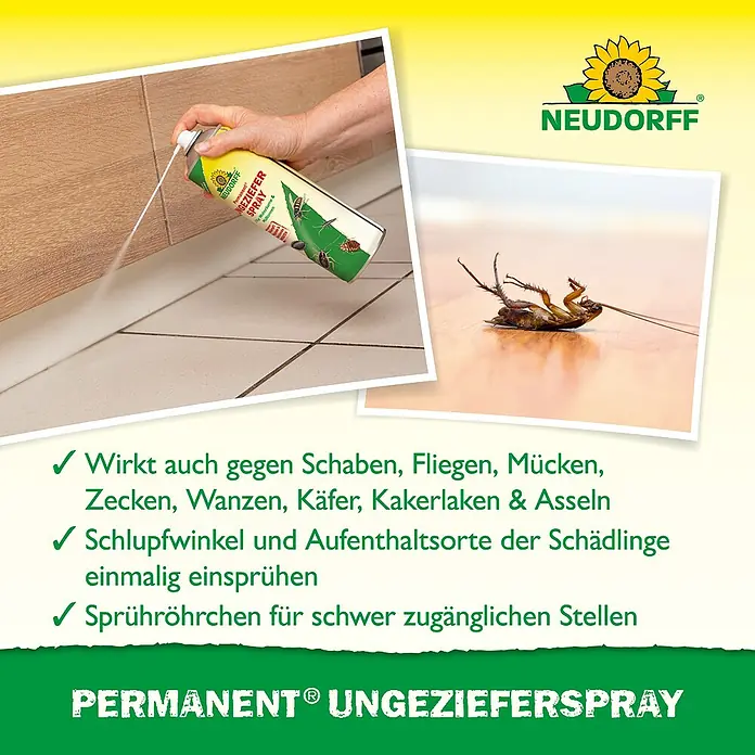 Neudorff Permanent Ungezieferspray - 500 ml - Bild einer Neudorff Permanent Ungezieferspray-Anzeige mit Infos zu Wirkung gegen Insekten und Sprühanwendung.