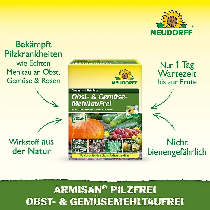 Neudorff Pilzfrei Armisan Obst- & Gemüse-MehltauFrei - 50 g - Neudorff Armisan PilzFrei Box, gelb-grün, gegen Mehltau an Obst, Gemüse & Rosen, mit natürlichen Wirkstoffen, bienenfreundlich und kurzer Wartezeit.