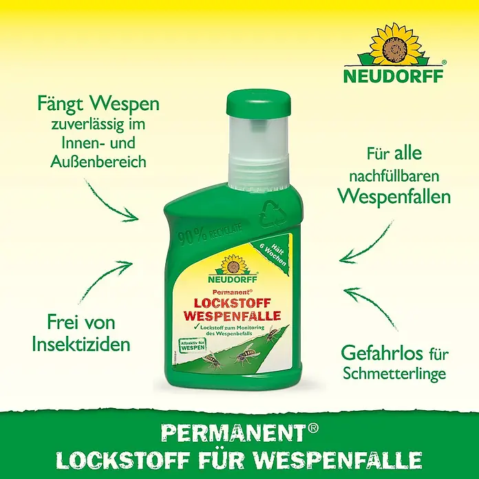 Neudorff Permanent Wespenfallen-Lockstoff - 250 ml - Bild einer Flasche Neudorff Permanent Lockstoff Wespenfalle, einem ungiftigen Insektizid zur Bekämpfung von Wespen.