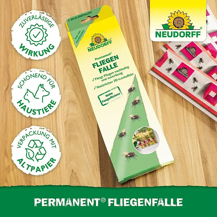 Neudorff Permanent Fliegenfalle - 4 Stk. - Gelb-grüner Neudorff Permanent® Fliegenfallen-Karton (4 Fallen) mit 3 Etiketten (Wirkung, Haustiere, Altpapier) und einzelnen Fallen.
