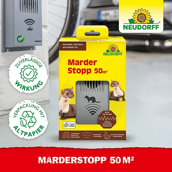 Neudorff Schädlings-Stopp - Wohnraum, Geeignet für: Marder - Abbildung des Neudorff Marder Stopp 50 m², ein Ultraschallgerät zur Marderabwehr für Autos und Wohnhäuser.