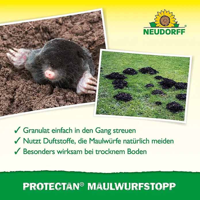 Neudorff Protectan Tiervertreiber Maulwurf-Stopp - 200 g - Abbildung des Neudorff Protectan Maulwurfstopp Produkts, ein Granulat, das Maulwürfe natürlich vertreibt und besonders bei trockenem Boden wirksam ist.