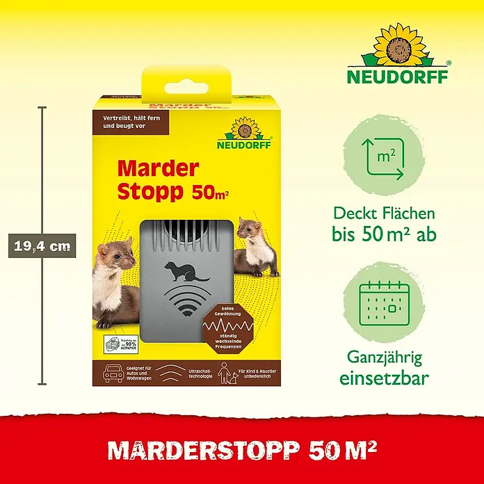 Neudorff Schädlings-Stopp - Wohnraum, Geeignet für: Marder - Marderschutzmittel von Neudorff. Vertreibt Marder mit Ultraschalltechnologie, sicher für Kinder und Haustiere, deckt bis zu 50 m² ab.
