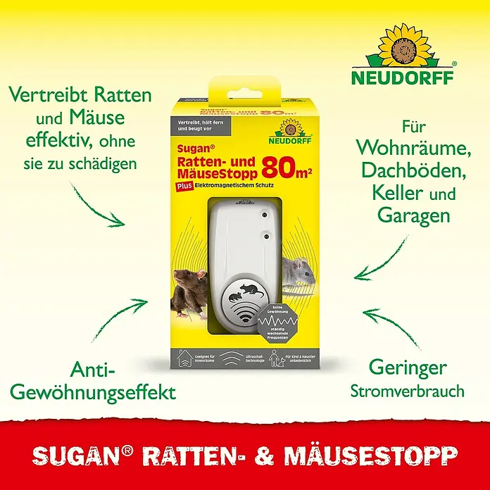 Neudorff Sugan Ratten- & Mäusebekämpfung - Max. Anwendungsfläche: 80 m² - Neudorff Sugan® Ratten- und Mäusestopp: Vertreibt Ratten und Mäuse effektiv, für Wohnräume, Dachböden, Keller und Garagen.